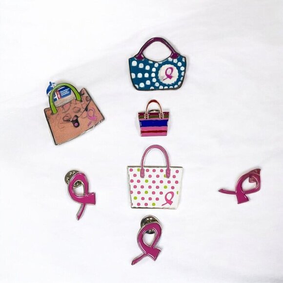 Breast Cancer Awareness Pins Brooches Set of Eight Silver Tone Pink Green Blue - Picture 3 of 6